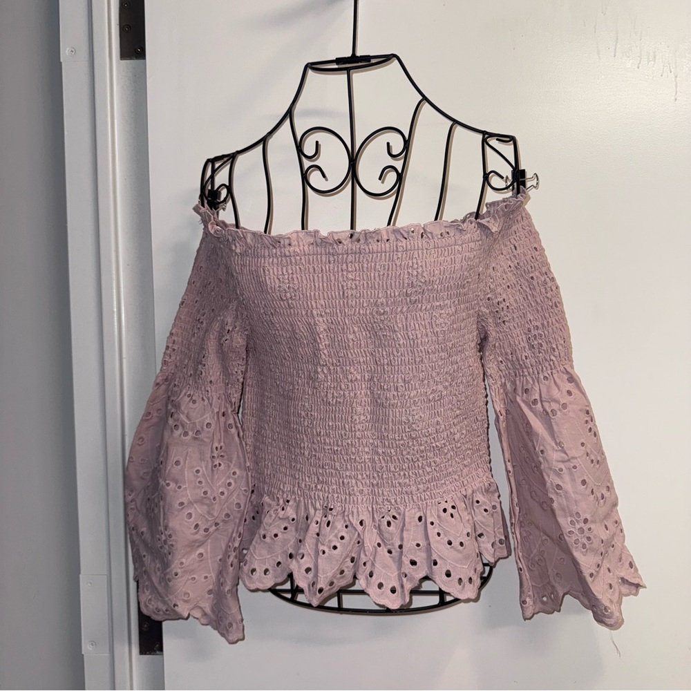 NWT Express Pink Off-Shoulder Smocked Top With Eyelet Sleeves and Hem